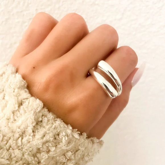 925 Sterling Silver Double Bar Ring Minimalist Chunky Bar Ring Wrap Ring - Picture 1 of 10